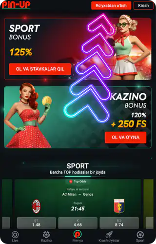 Pin Up app Asosiy sahifada yuqori o'ng burchakdagi Ro'yxatdan o'tish tugmasini bosing