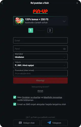 Pin Up app Ro'yxatdan o'tishning birinchi bosqichida so'ralgan ma'lumotlarni kiritishingiz kerak